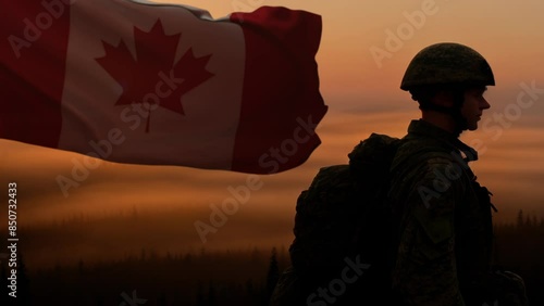 Canadian soldier silhouette standing in front of waving flag at sunset or dusk