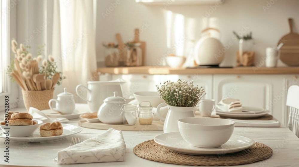 Clean dishes, dry spikes and fresh pastries on table in stylish dining room wide angle lens Clean dishes, dry spikes and fresh pastries on table in stylish dining room wide angle lens