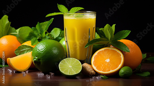 A glass of orange juice with lime and mint leaves on the side photo