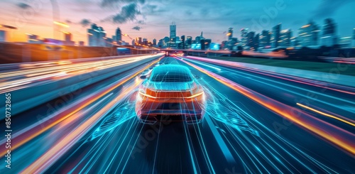 Aut sis, self driving cars on highway with futuristic technology waves in the air, skyline city background, motion blur, high speed. Futuristic Car Driving Through a High-Tech Cityscape photo