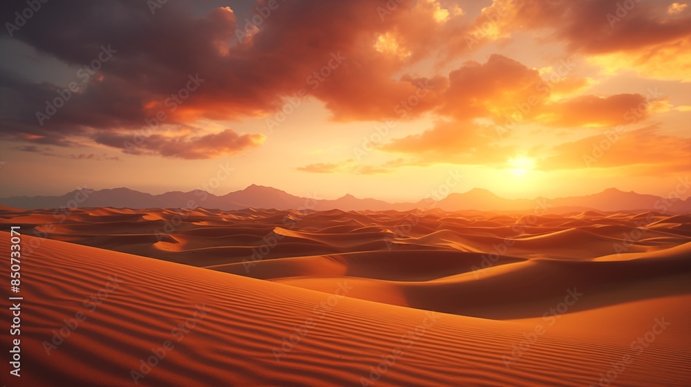Sunset over wind-swept desert dunes in golden light. Sunset over wind-swept desert dunes in golden light.