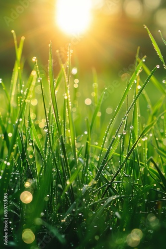 Using stock AI, we created dewdrops on fresh green grass at sunrise