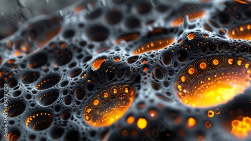 This is an Illuminated Matrix: A black fractal ferrofluidal grid with glowing orange orbs. Stock. photo