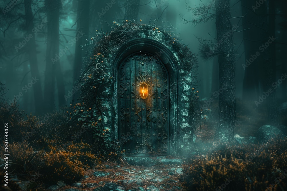 Obraz premium Mysterious old wooden door with glowing light in a misty, enchanted forest, overgrown with vines, surrounded by dense trees and fog.