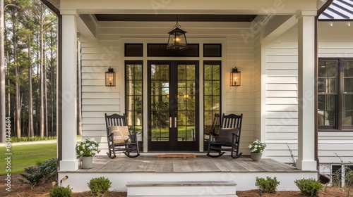Charming Front Porch with Rocking Chairs and Lantern Light Over Door, Framed by Pine Trees and Featuring Sophisticated Architectural Design with Natural Color Scheme, White Walls, and Dark Wood Window
