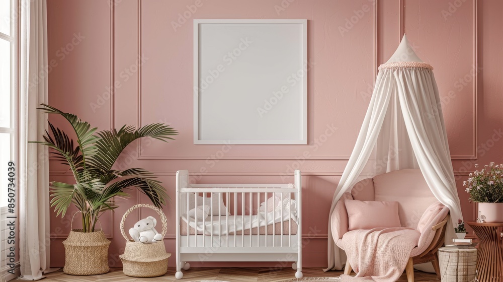 Pink Nursery Room Interior Design with Crib, Canopy and Plant Pink Nursery Room Interior Design with Crib, Canopy and Plant