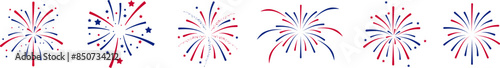  Fireworks Fourth of July .Set of  fireworks with  a red and blue stars and sparks . United states of america independence day fireworks. Red, blue fireworks for 4th of July .
