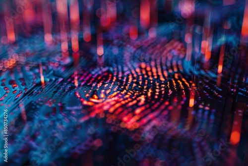 A biometric fingerprint scanner, distorted with glitches, the fingerprint pattern corrupted and pixelated
