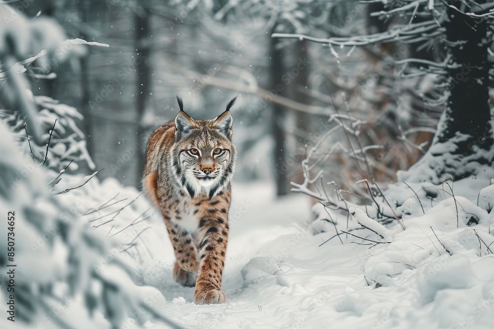 Obraz premium Wild life scene from nature. Eurasian lynx in winter forest.