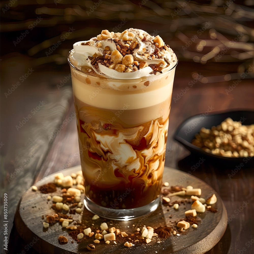 A coffee beverage with milk cap and crushed nuts, served in a delicate cylindrical glass A coffee beverage with milk cap and crushed nuts, served in a delicate cylindrical glass