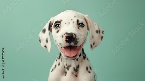 Adorable Dalmatian Puppy in Soft Pastel Green Indoor Studio Setting photo