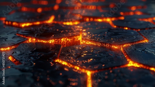 A macro shot of a hexagonal tech pattern with a fiery glow and water drops, illustrating fusion and innovation of technology
