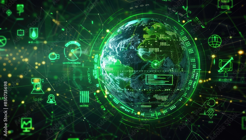 Futuristic digital Earth interface with data, technology icons, and green light effects. Concept of global connectivity, cybersecurity, and innovation. Futuristic digital Earth interface with data, technology icons, and green light effects. Concept of global connectivity, cybersecurity, and innovation.