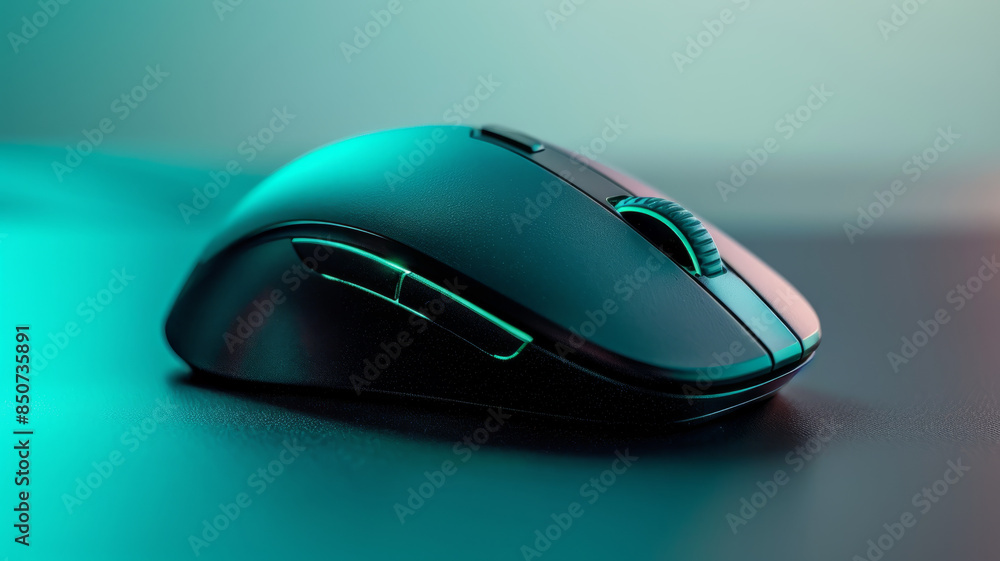 Close-up of a sleek black wireless computer mouse with blue-green lighting. Close-up of a sleek black wireless computer mouse with blue-green lighting.
