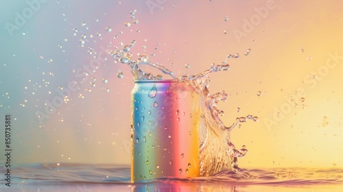 drink can with splash of liquid on pastel background wide angle lens