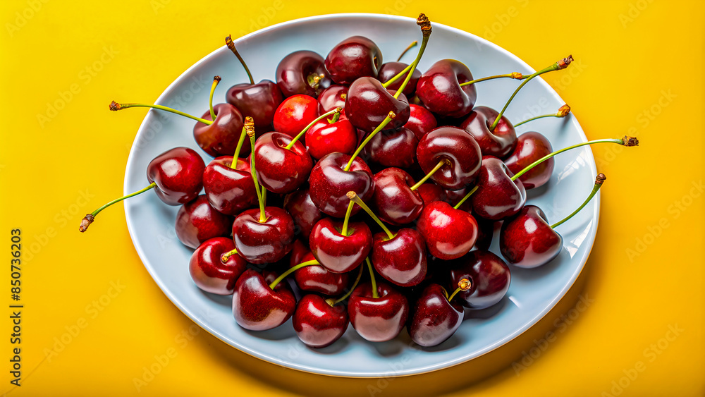 Sweet Red Cherries in a Blue Plate on Yellow Background. Fresh, Juicy Summer Fruits on a Vibrant Yellow Fond Close up Sweet Red Cherries in a Blue Plate on Yellow Background. Fresh, Juicy Summer Fruits on a Vibrant Yellow Fond Close up