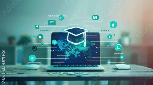 Wallpaper Mural E-learning and Online Education for Student and University Concept. Graphic interface showing technology of digital training course for people to do remote learning from anywhere. uds wide angle lens Torontodigital.ca