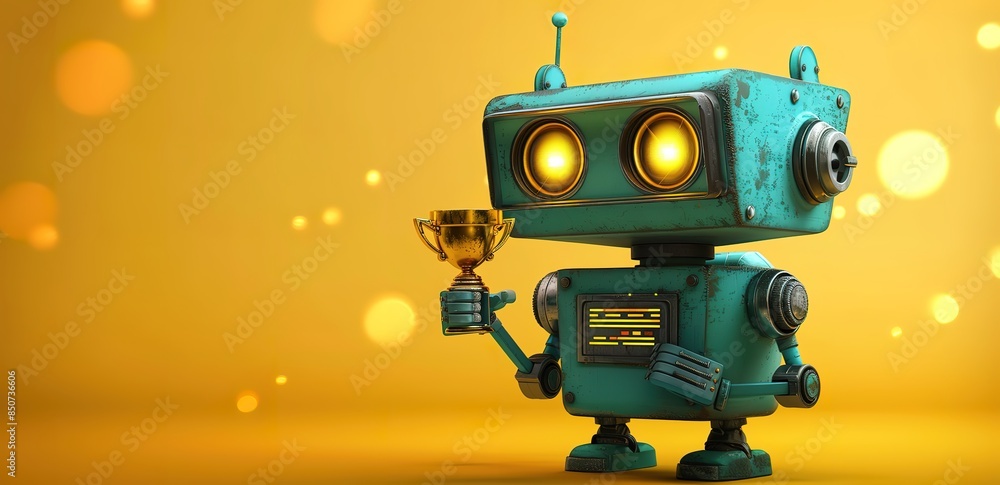 Illustration of a green robot holding a gold trophy on a twinkling yellow background Illustration of a green robot holding a gold trophy on a twinkling yellow background