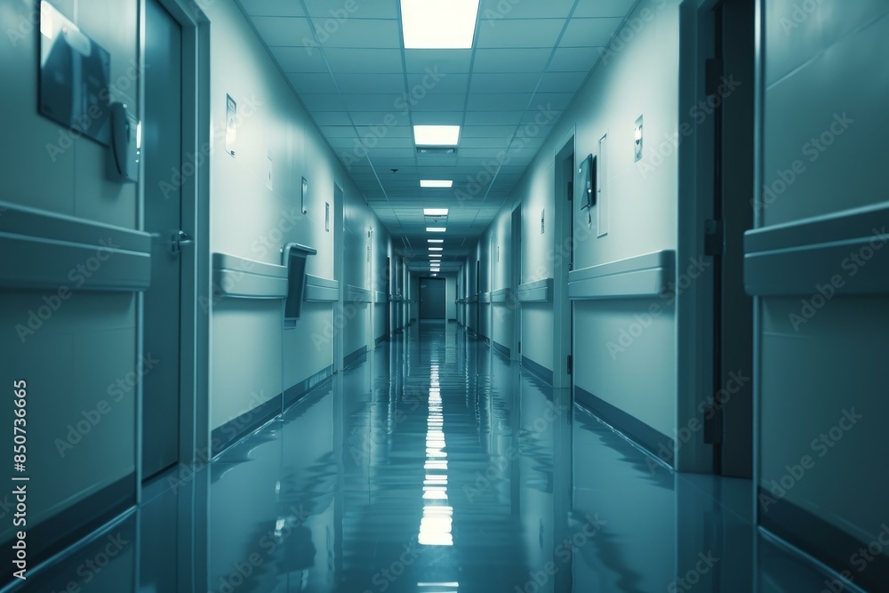 Obraz premium Quiet, illuminated corridor inside a hospital with a sleek, reflective floor
