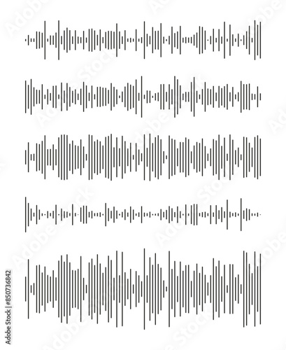Waveform patterns. Music player or app. Equalizer graphic symbol. Set of voice message template. Audio chat speech sound wave icons. Elements for mobile messenger, podcast online radio interface.