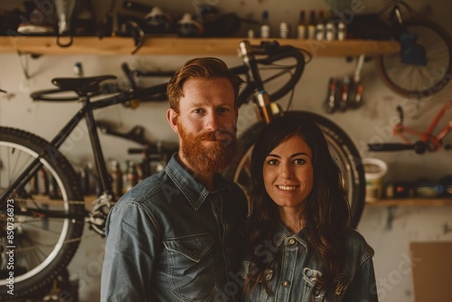 A couple stands in a cozy workshop with a bicycle in the background. Warm lighting creates a rustic and intimate atmosphere. Ideal for lifestyle and workspace content. Generative AI