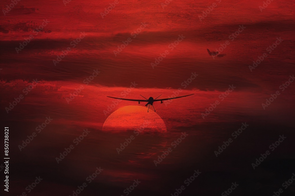 Obraz premium A lone drone flying against a backdrop of a blood-red sunset symbolizing the desolation of war