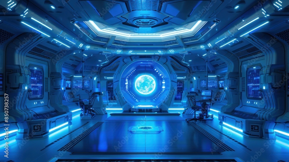 Futuristic spaceship interior with blue. Sci-fi control room concept art. A futuristic room with a glowing orb in the center. Research lab or space station decorated with blue neon color. AIG35. Futuristic spaceship interior with blue. Sci-fi control room concept art. A futuristic room with a glowing orb in the center. Research lab or space station decorated with blue neon color. AIG35.