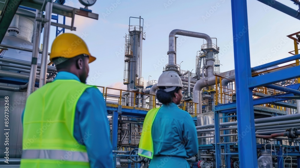 Engineer men,women standing back to control work, oil refinery. Engineer men,women standing back to control work, oil refinery.