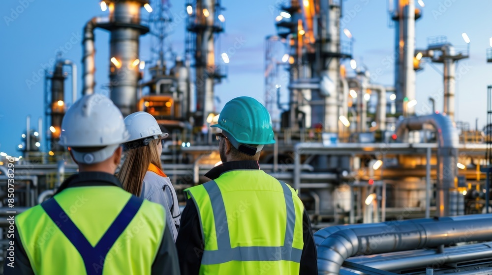 Engineer men,women standing back to control work, oil refinery. Engineer men,women standing back to control work, oil refinery.