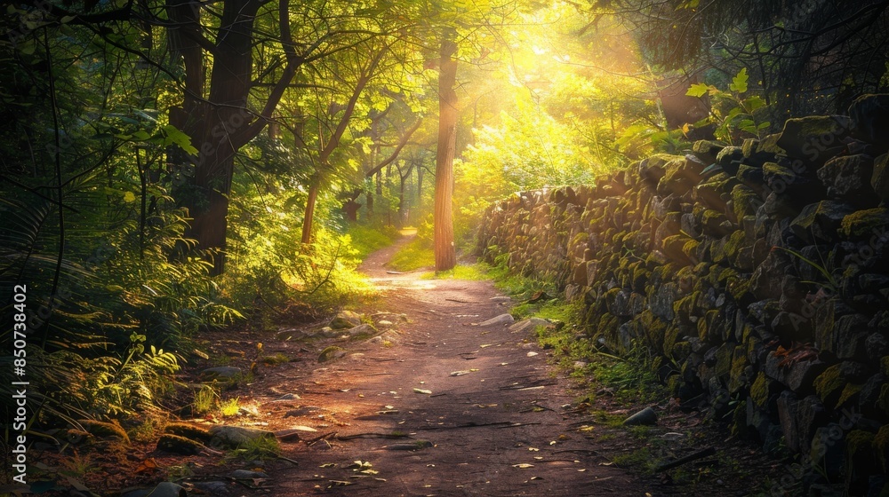 Fototapeta premium The beauty of natural ecosystems is highlighted by sunlight filtering through dense foliage on a forest path