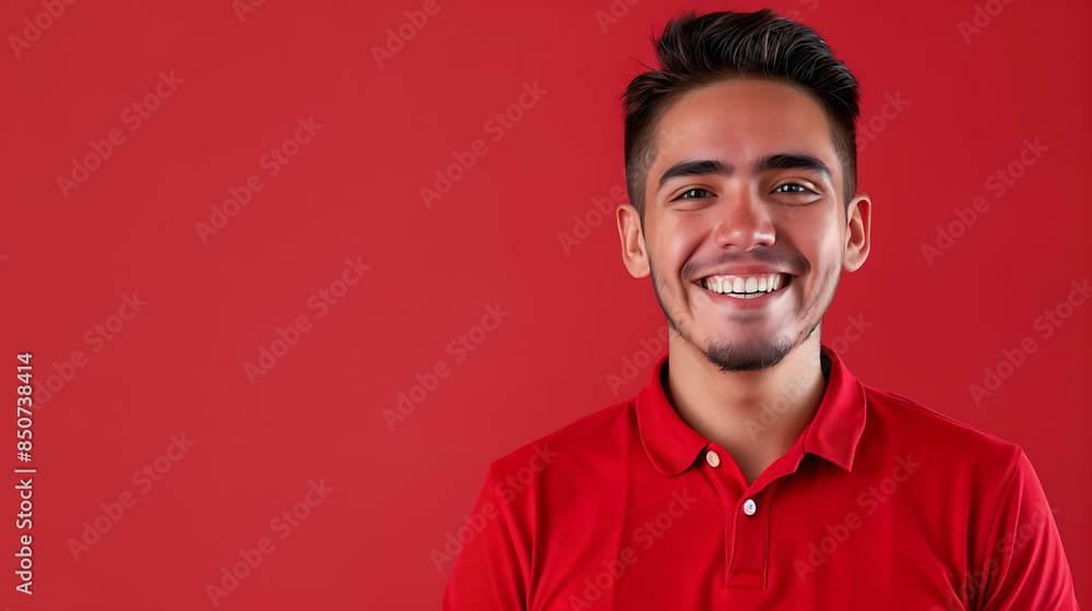 Obraz premium A cheerful millennial man in a polo shirt, smiling confidently at the camera against a solid red background