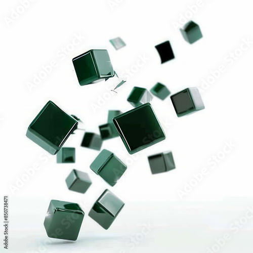 Darkgreen 3dcubes falling in motion, isolated on a whitebackground. The geometric composition offers a sleek and abstract visual, emphasizing clean lines and contrast, created with AI generative. photo