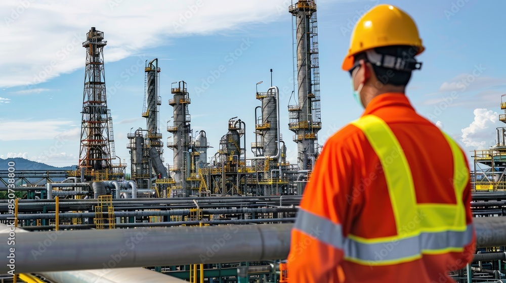 Engineer men,women standing back to control work, oil refinery. Engineer men,women standing back to control work, oil refinery.