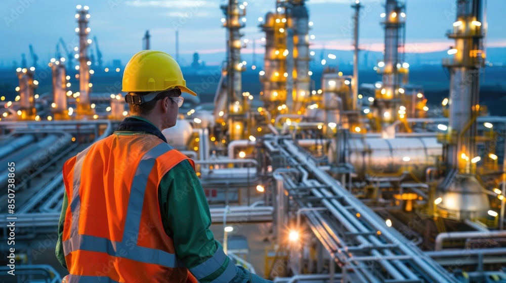 Engineer men,women standing back to control work, oil refinery. Engineer men,women standing back to control work, oil refinery.