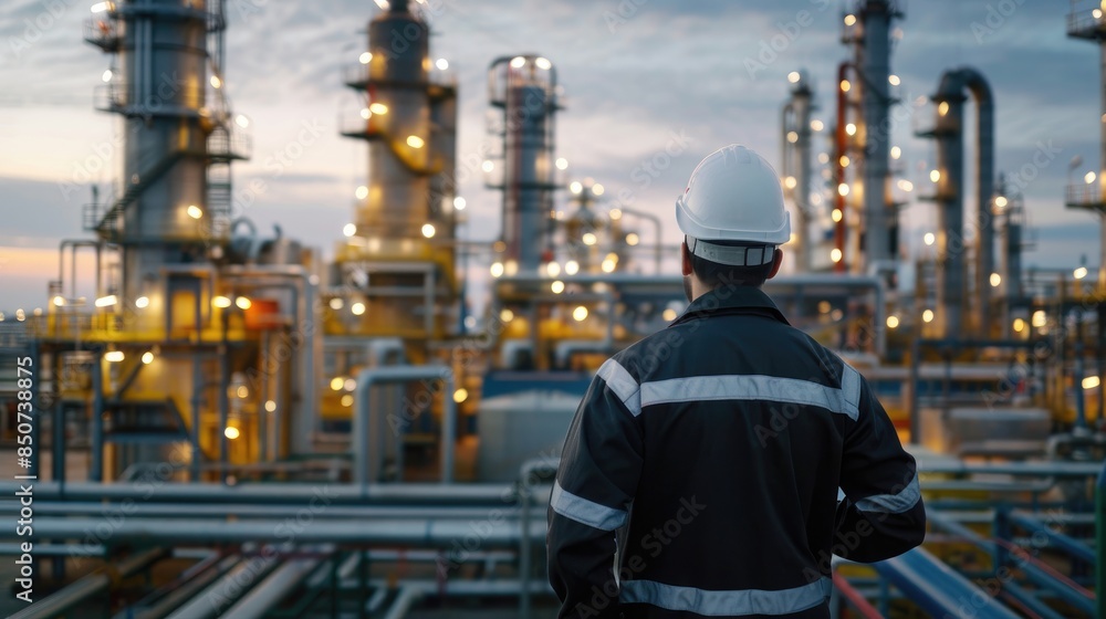 Engineer men,women standing back to control work, oil refinery. Engineer men,women standing back to control work, oil refinery.
