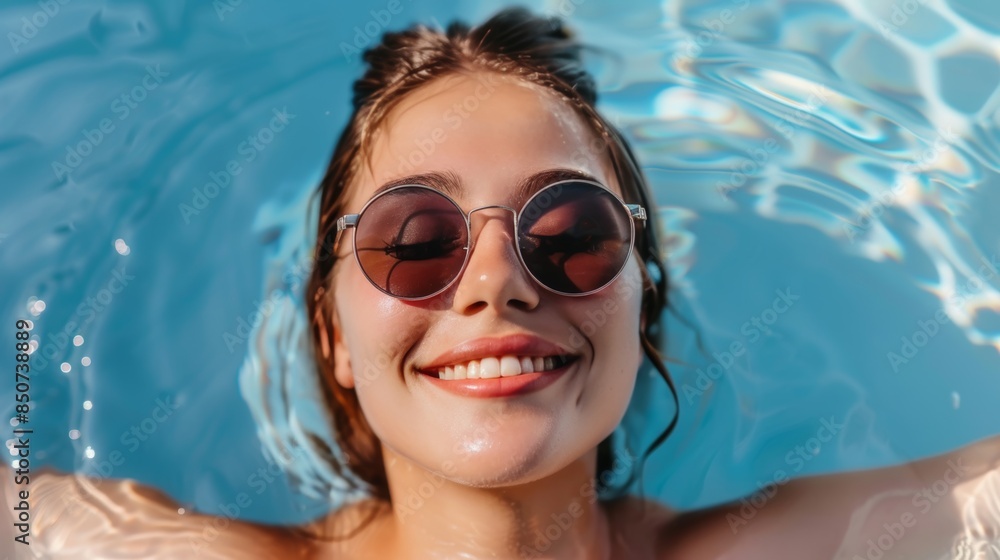 Naklejka premium Smiling young woman enjoying summer in a pool with sunglasses