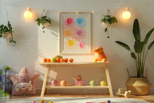 Photorealistic kids artwork on the wall of a tidy nursery, illuminated by soft pastelcolors creating a calming mood. The vibrant and playful decor highlights childhood creativity, AI generative. photo