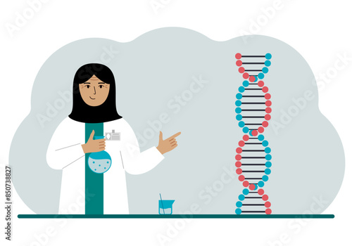 Female doctor with flasks near the dna chain. The concept of treating a new coronavirus, virus, pcr or disease. Vector flat illustration