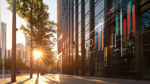 A modernoffice highrise of uniquearchitecture style, captured at streetlevel from a distance in the lateafternoon with naturallight. photography with digital barcharts and graphs by AI generative. photo