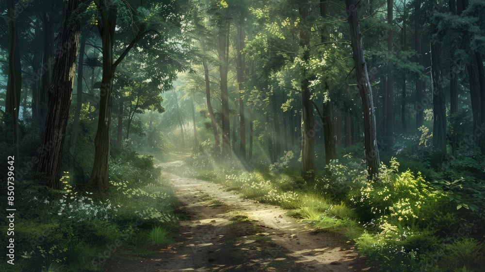 serene forest path, surrounded by tall trees and dappled sunlight AI generated serene forest path, surrounded by tall trees and dappled sunlight AI generated