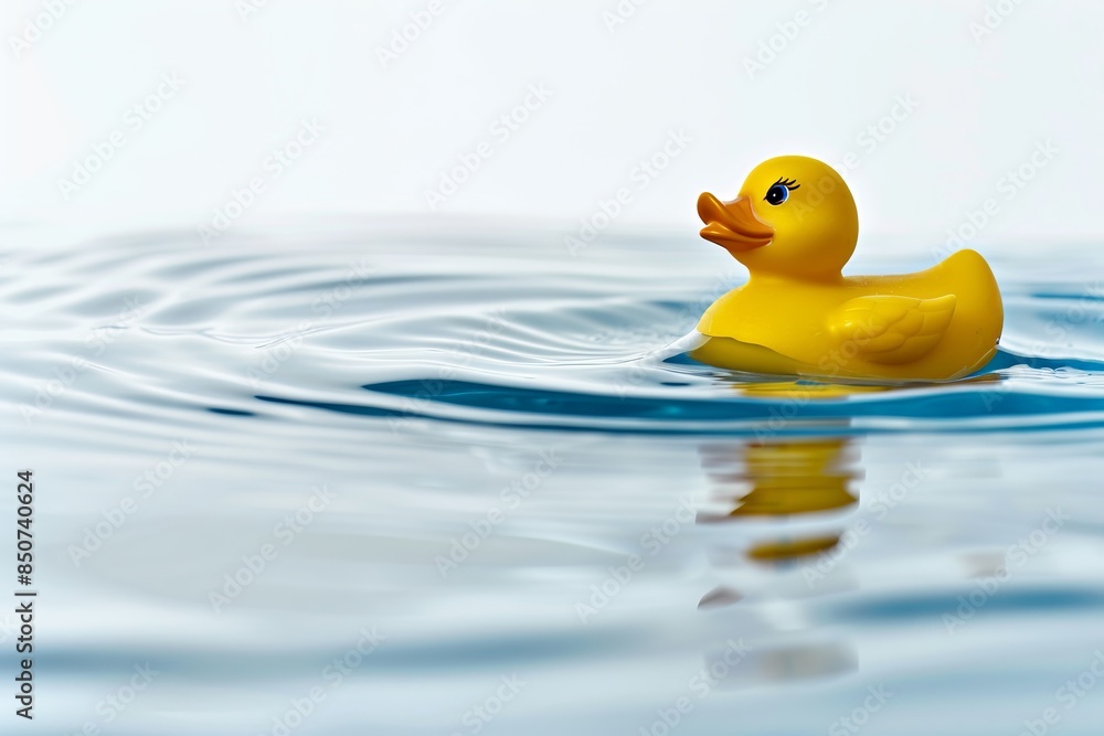 Yellow rubber duck floats peacefully in calm water. Bright and vibrant photo with a serene atmosphere and minimal style. Ideal for children-related content or relaxation themes. Generative AI Yellow rubber duck floats peacefully in calm water. Bright and vibrant photo with a serene atmosphere and minimal style. Ideal for children-related content or relaxation themes. Generative AI