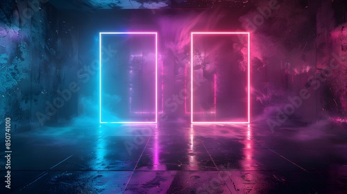 2 neon frames glowing in blue, pink and purple colors on a dark background with a floor reflection.