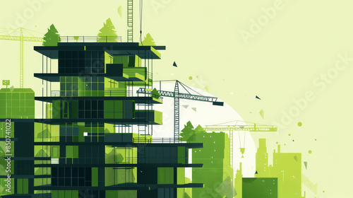 A vector graphic of an underconstruction building with sustainable panels for a 404 page. Minimalist style, monochromatic with green highlights. Created with AI generative. photo