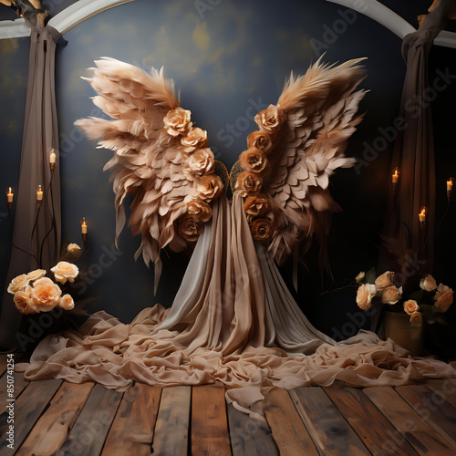 There is a pink butterfly with feathers and flowers Maternity Photoshoot Gold Butterfly Wings Digital Backdrops, Maternity Backdrop Overlay, Studio Backdrop Overlay, Photography Overlay, Fine Art