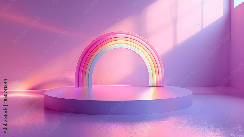 An empty podium platform with a light beam and rainbow for product presentation in a minimalistic pastel purple background studio room. An empty podium platform with a light beam and rainbow for product presentation in a minimalistic pastel purple background studio room.