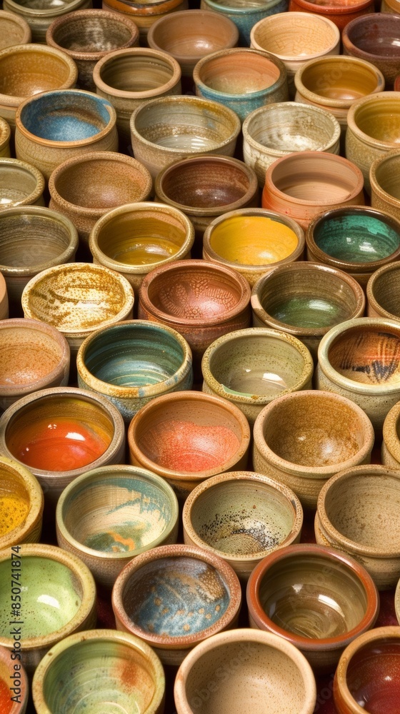 Colorful array of ceramic bowls in close-up view Colorful array of ceramic bowls in close-up view