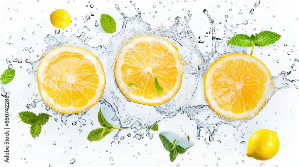 Lemon water splash isolated on a white transparent background, png. Lemon fruit slice, leaves and water splash. background water wave, citrus piece and mint foliage flying wide angle lens Lemon water splash isolated on a white transparent background, png. Lemon fruit slice, leaves and water splash. background water wave, citrus piece and mint foliage flying wide angle lens
