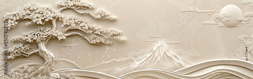 Beautiful sakura tree and mountain 3d relief wallpaper. Mural wallpaper. Wall art. AI generated illustration.