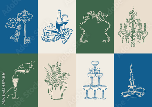 Minimalist Dolce Vita vector illustration collection. Art for greeting cards, wedding invitations, poster design, postcards, branding, logo design, background.