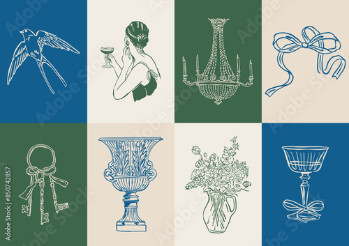 Minimalist Dolce Vita vector illustration collection. Art for greeting cards, wedding invitations, poster design, postcards, branding, logo design, background.